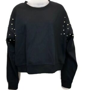 Crop Black Sweatshirt With Faux Pearls On Sleeves And Crew Neck Size Large